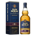 Glen Moray 15 Year Old Speyside Single Malt Scotch Whisky bottle and dark blue box featuring Elgin Heritage branding, aged in American and Sherry Casks, with a prominent 15 Years designation and a subtle historic Elgin landscape illustration