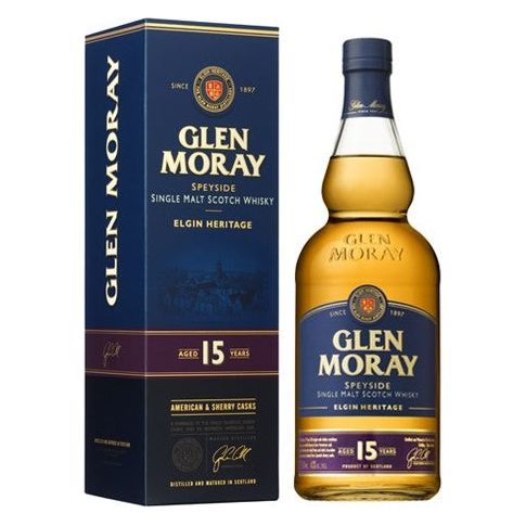 Glen Moray 15 Year Old Speyside Single Malt Scotch Whisky bottle and dark blue box featuring Elgin Heritage branding, aged in American and Sherry Casks, with a prominent 15 Years designation and a subtle historic Elgin landscape illustration