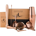 Photography, Abarabove Fourteen Piece Craft Bar Set showcasing lustrous copper-plated bar tools like a Boston shaker, jigger, and various strainers, a distinct natural wooden muddler, and visible branded kraft paper packaging on a white studio background