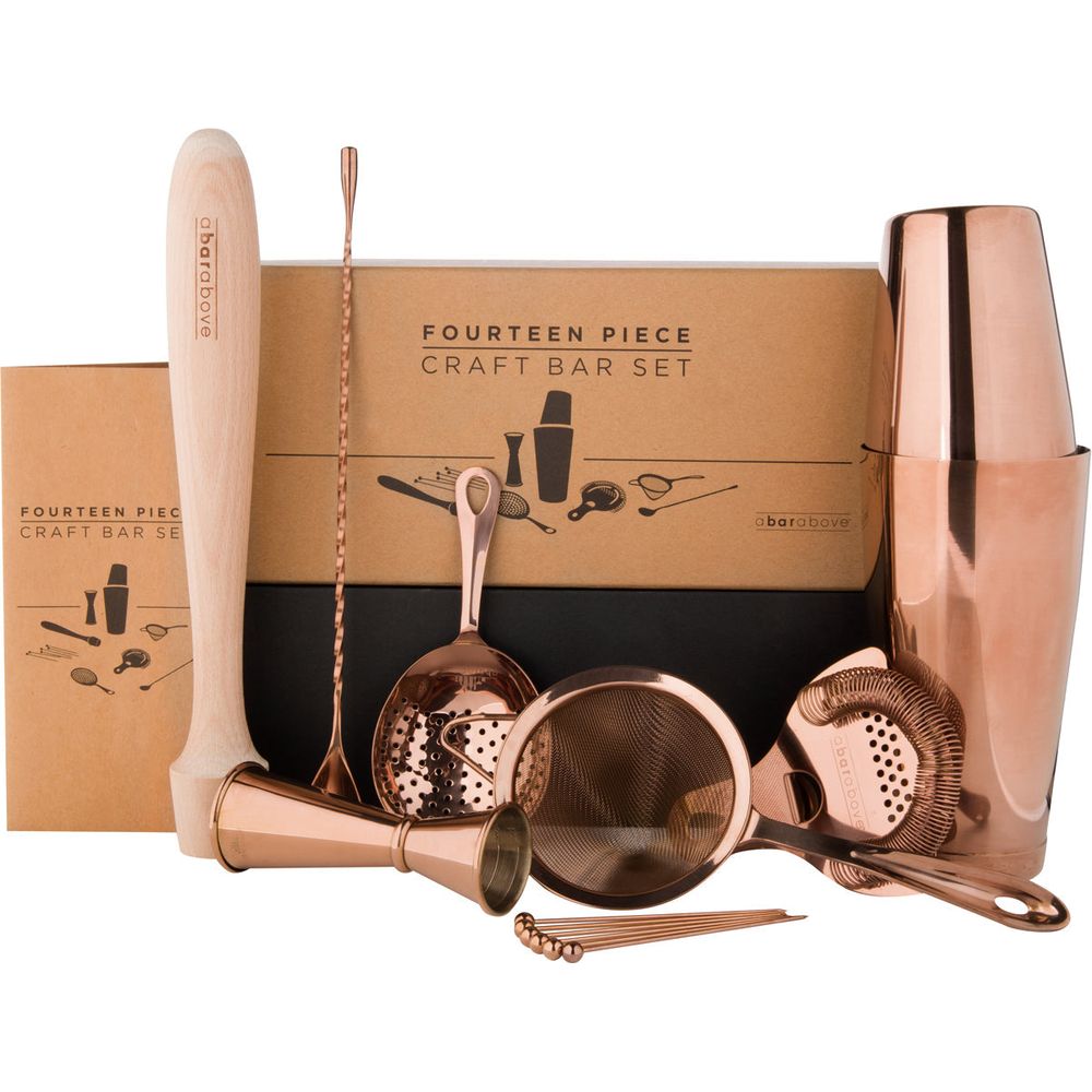 Photography, Abarabove Fourteen Piece Craft Bar Set showcasing lustrous copper-plated bar tools like a Boston shaker, jigger, and various strainers, a distinct natural wooden muddler, and visible branded kraft paper packaging on a white studio background