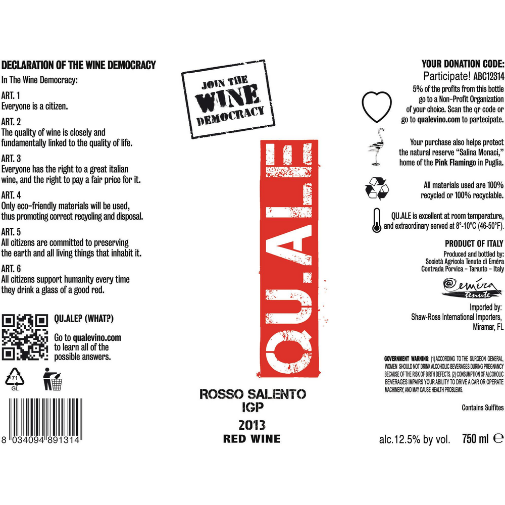 Tenute Emera QU.ALE Salento IGT Rosso Red Blend 750ml