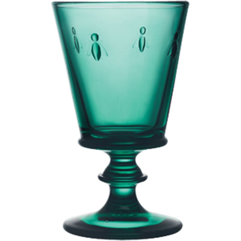 Emerald green glass goblet featuring embossed Napoleonic bee motifs and a ribbed stem