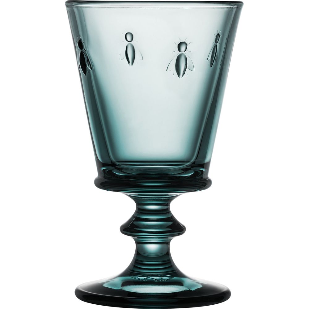 Teal colored glass goblet embossed with bee motifs and a distinctive ribbed stem