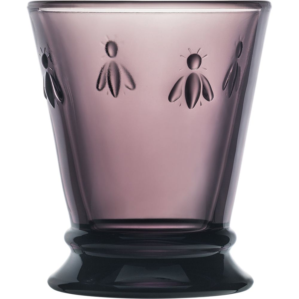 Amethyst glass tumbler featuring embossed stylized bee patterns and a dark flared base