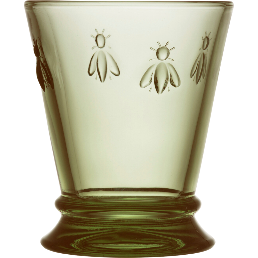 Glass pale green tumbler with embossed bee motifs and a flared ridged base