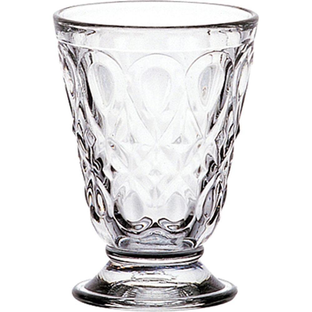 Clear glassware with ornate textured design featuring diamond and teardrop patterns on a small footed base against a white background