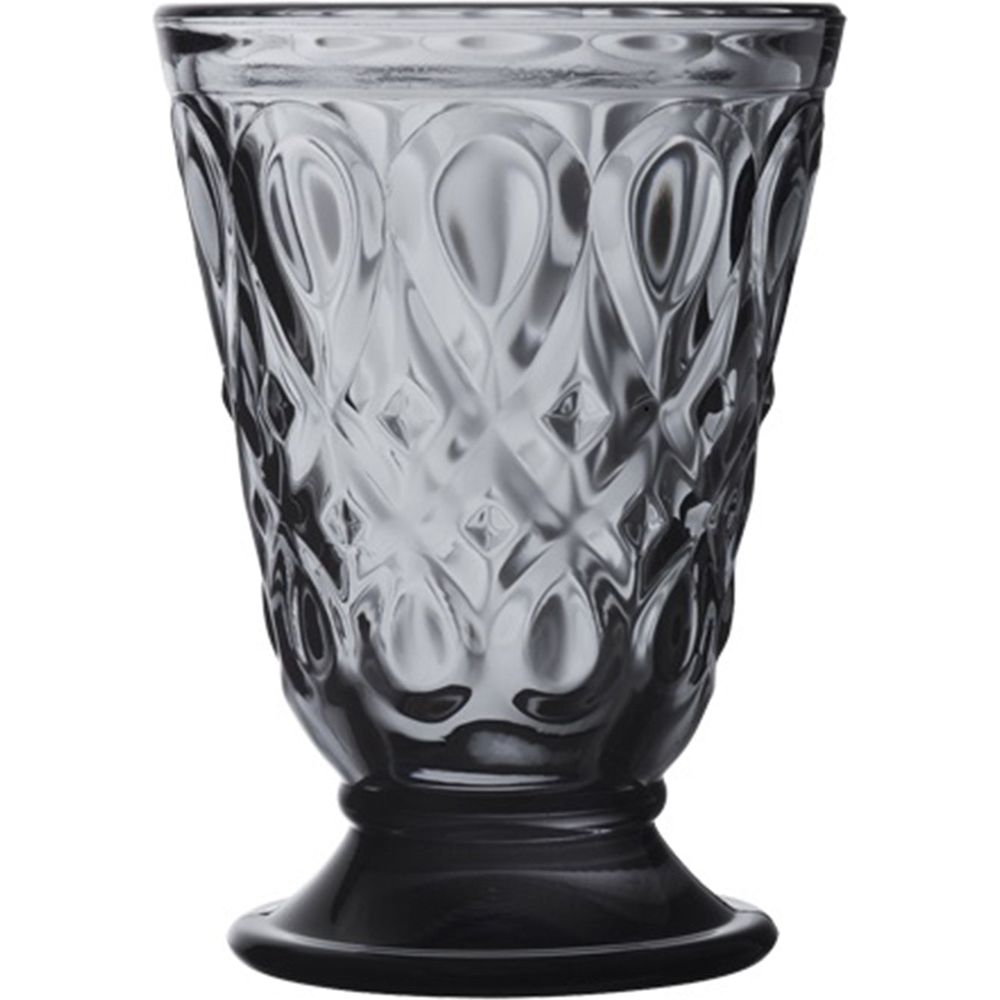 Dark grey textured glass goblet with a footed base featuring an intricate pattern of ovals and diamonds and a smoky translucent finish