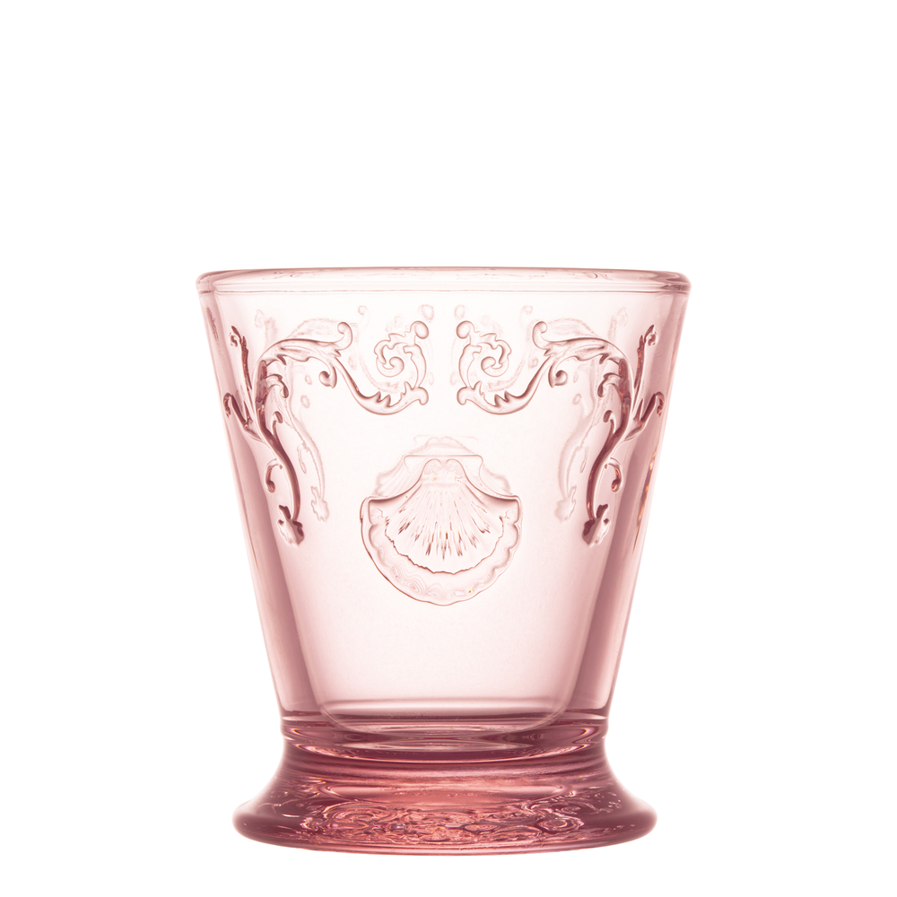Rose-tinted glass with an embossed scallop shell and rococo scrollwork on a flared base
