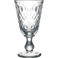 Clear crystal glass goblet featuring intricate diamond and teardrop patterns on its bowl, a decorative ribbed and bulbous stem, and a stable circular base
