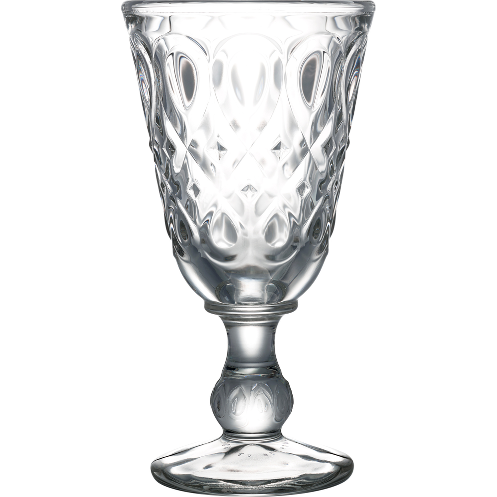 Clear crystal glass goblet featuring intricate diamond and teardrop patterns on its bowl, a decorative ribbed and bulbous stem, and a stable circular base