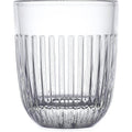 A clear glass tumbler featuring a vertical fluted design and a subtly rounded base