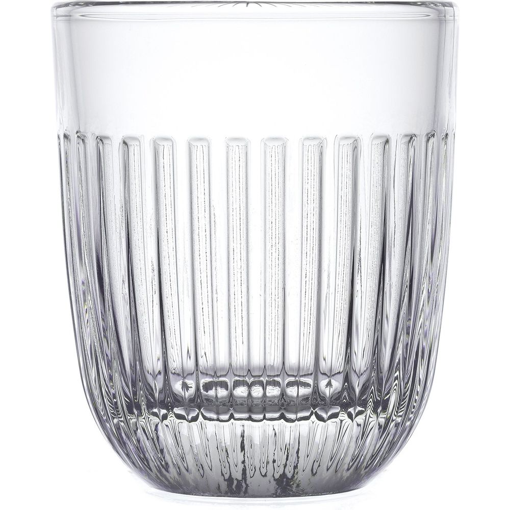 A clear glass tumbler featuring a vertical fluted design and a subtly rounded base