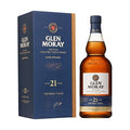 Product image of Glen Moray Speyside Single Malt Scotch Whisky 21 Years Portwood Finish, showcasing the amber liquid in a clear bottle alongside its dark blue and gold accented box