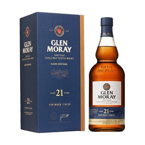 Product image of Glen Moray Speyside Single Malt Scotch Whisky 21 Years Portwood Finish, showcasing the amber liquid in a clear bottle alongside its dark blue and gold accented box