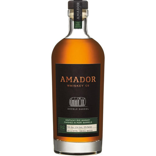 Product photo of Amador Whiskey Co Double Barrel Kentucky Rye Whiskey in a clear bottle with amber liquid, featuring a black label with gold text and a two-barrel illustration, and green details for Port Barrel Finished, 92 Proof, and its rye-heavy mash bill