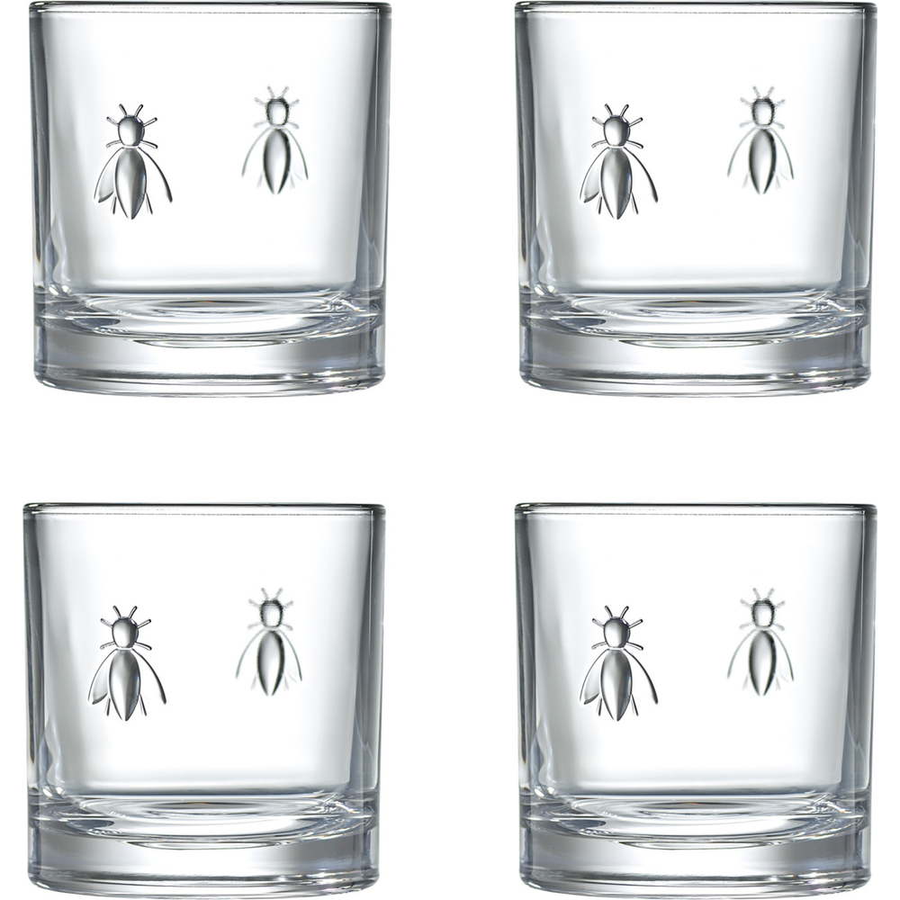 Four clear glass tumblers with elegant silver bee and fly motifs