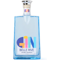 Product image of a Belle Rive Gin Méditerranéen bottle made of light blue rectangular glass featuring a silver stopper and a bold colorful geometric GIN logo in purple, yellow, pink, and light blue