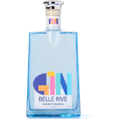 Product image of a Belle Rive Gin Méditerranéen bottle made of light blue rectangular glass featuring a silver stopper and a bold colorful geometric GIN logo in purple, yellow, pink, and light blue