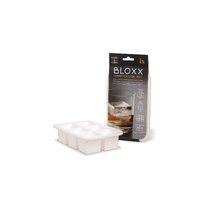 Product image of a white Bloxx Jumbo Ice Cube Tray with six square compartments resting beside its black retail packaging that features a graphic of a large clear ice cube chilling an amber drink in a glass