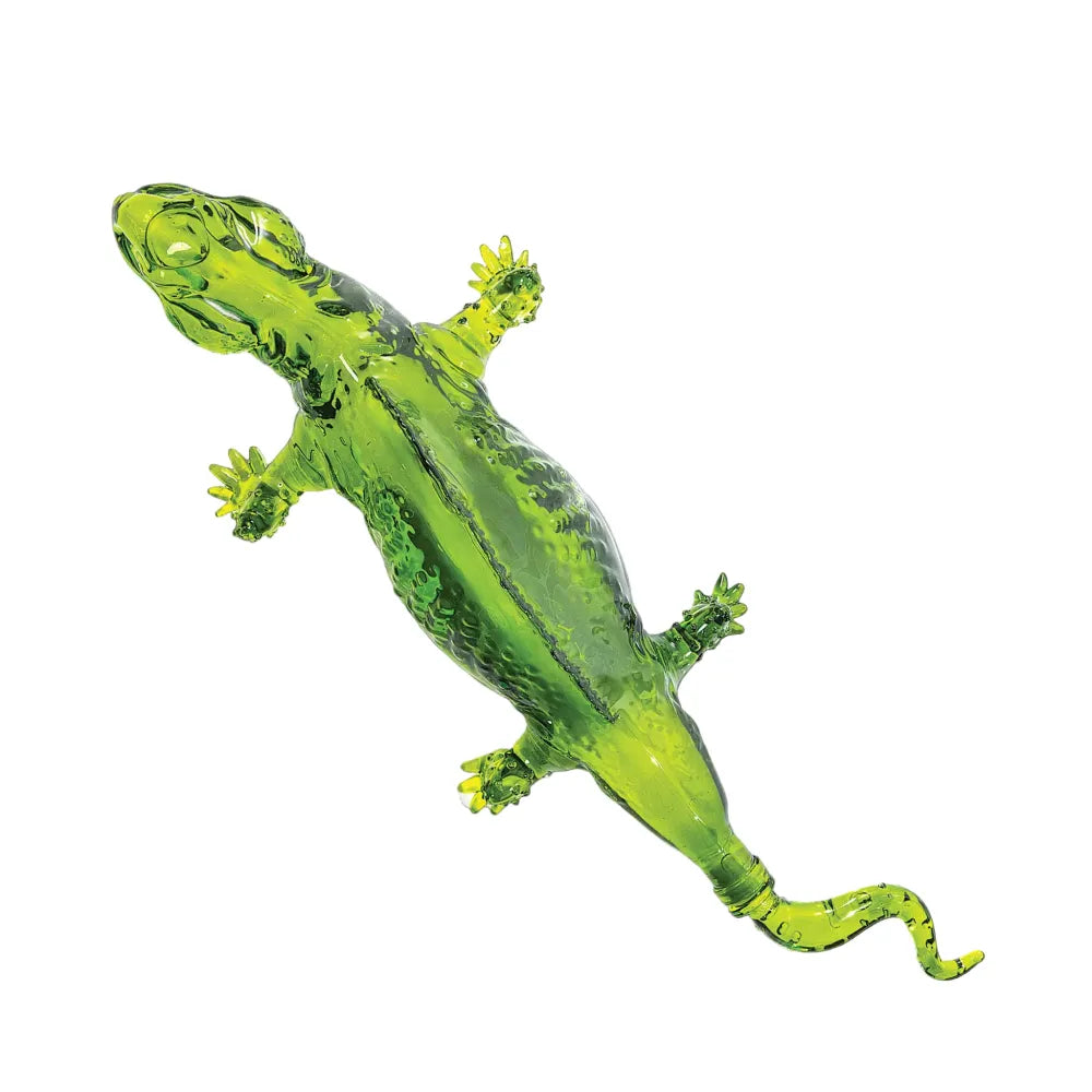 Recycled green bottle glass sculpture of a lizard with a textured body spiky feet and a visible bottle neck forming its tail