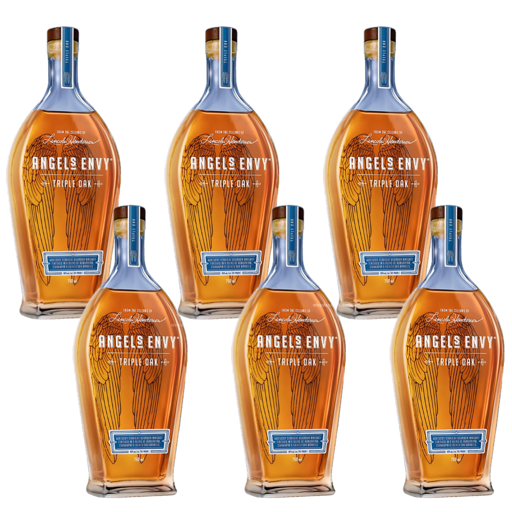 Photograph of six Angel's Envy Triple Oak Kentucky Straight Bourbon Whiskey bottles featuring distinctive golden wing graphics, rich amber liquid, and blue neck wraps with labels