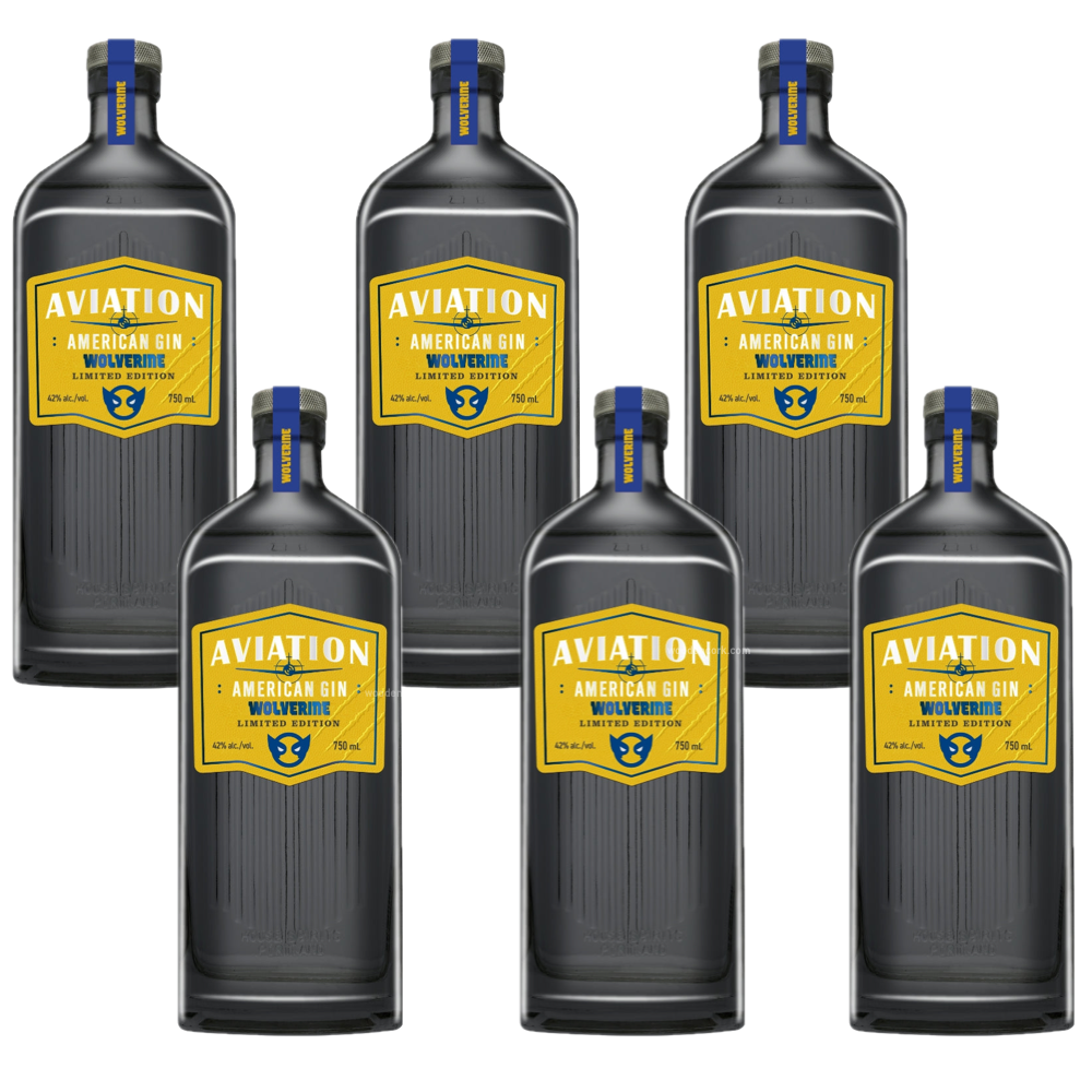Product photograph of six Aviation American Gin Wolverine Limited Edition bottles with dark grey glass, vibrant yellow labels featuring a blue Wolverine mask logo, and blue Wolverine neck bands on a white background