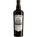 Product photograph of a dark, almost black, Cutty Sark Prohibition Edition Blended Scotch Whisky bottle from Scotland featuring the iconic Cutty Sark clipper ship on its label and The Real McCoy embossed on the shoulder