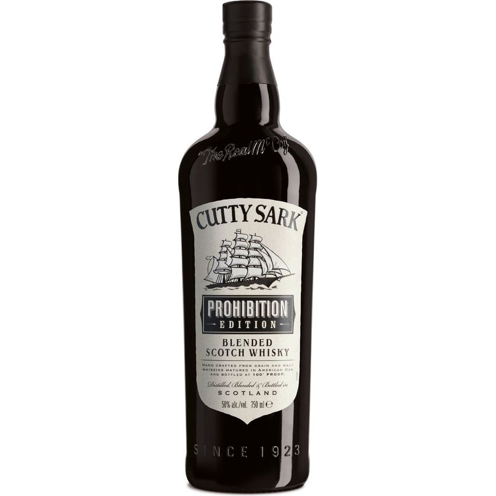 Product photograph of a dark, almost black, Cutty Sark Prohibition Edition Blended Scotch Whisky bottle from Scotland featuring the iconic Cutty Sark clipper ship on its label and The Real McCoy embossed on the shoulder