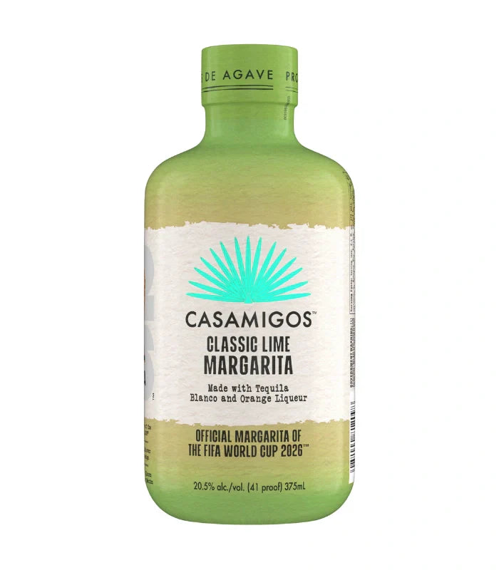 Product photograph of a pale green Casamigos Classic Lime Margarita bottle featuring a white label with a prominent teal agave sunburst logo and text identifying it as the Official Margarita of the FIFA World Cup 2026