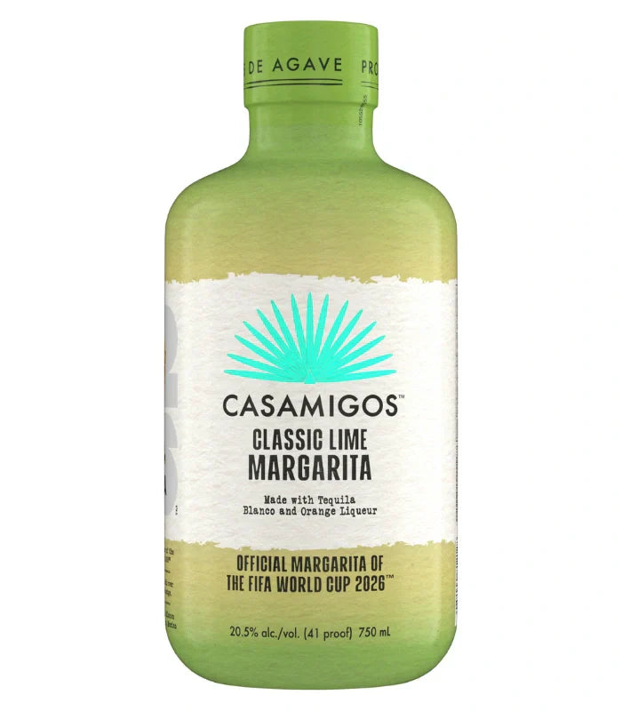 Product photograph of a vibrant lime green Casamigos Classic Lime Margarita bottle featuring a white label with a distinctive blue agave fan logo and official FIFA World Cup 2026 branding