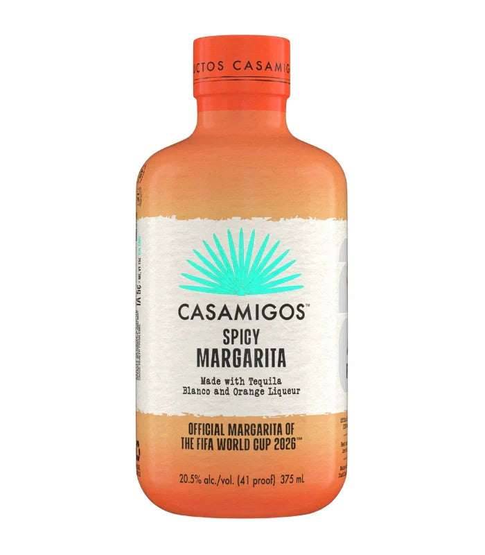 Casamigos ready-to-drink Spicy Margarita bottle featuring an orange and white label with a teal agave logo identified as the Official Margarita of The FIFA World Cup 2026 in a 375ml size
