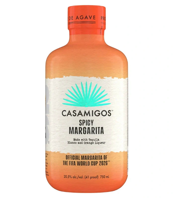 Casamigos Spicy Margarita pre-made cocktail bottle, distinctive with its bright orange color, white label, teal agave logo, and the bold declaration Official Margarita of The FIFA World Cup 2026 prominently displayed