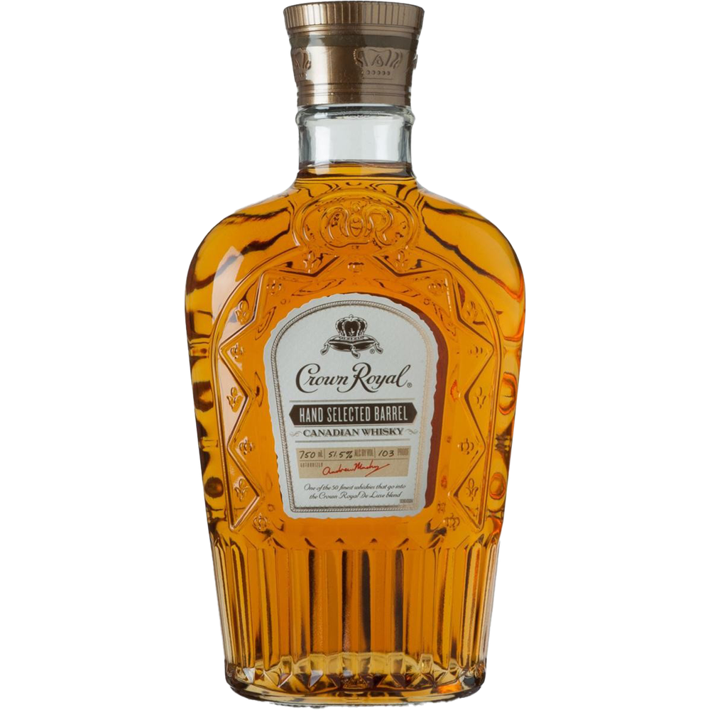 Product photograph of a full bottle of Crown Royal Hand Selected Barrel Canadian Whisky featuring its distinctive amber liquid and crown-shaped embossed glass design topped with a gold cap and a white label detailing 51.5% alcohol by volume