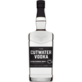 Product photograph of a clear Cutwater Vodka bottle with a black cap, a black label featuring white "FUGU CUTWATER VODKA" text and a distinctive pufferfish logo, promoting it as "Award-Winning Vodka" and "Gluten Free" with "CUTWATER" embossed at the base