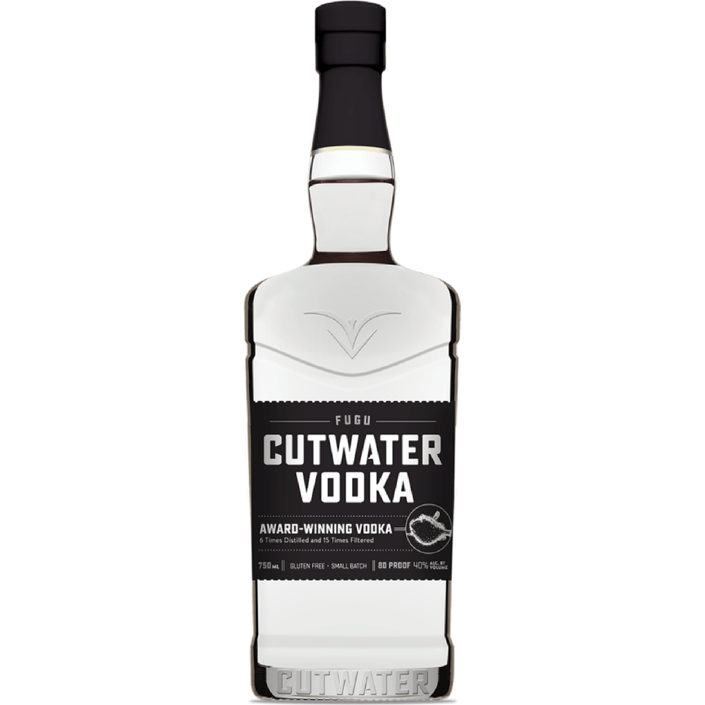 Product photograph of a clear Cutwater Vodka bottle with a black cap, a black label featuring white "FUGU CUTWATER VODKA" text and a distinctive pufferfish logo, promoting it as "Award-Winning Vodka" and "Gluten Free" with "CUTWATER" embossed at the base