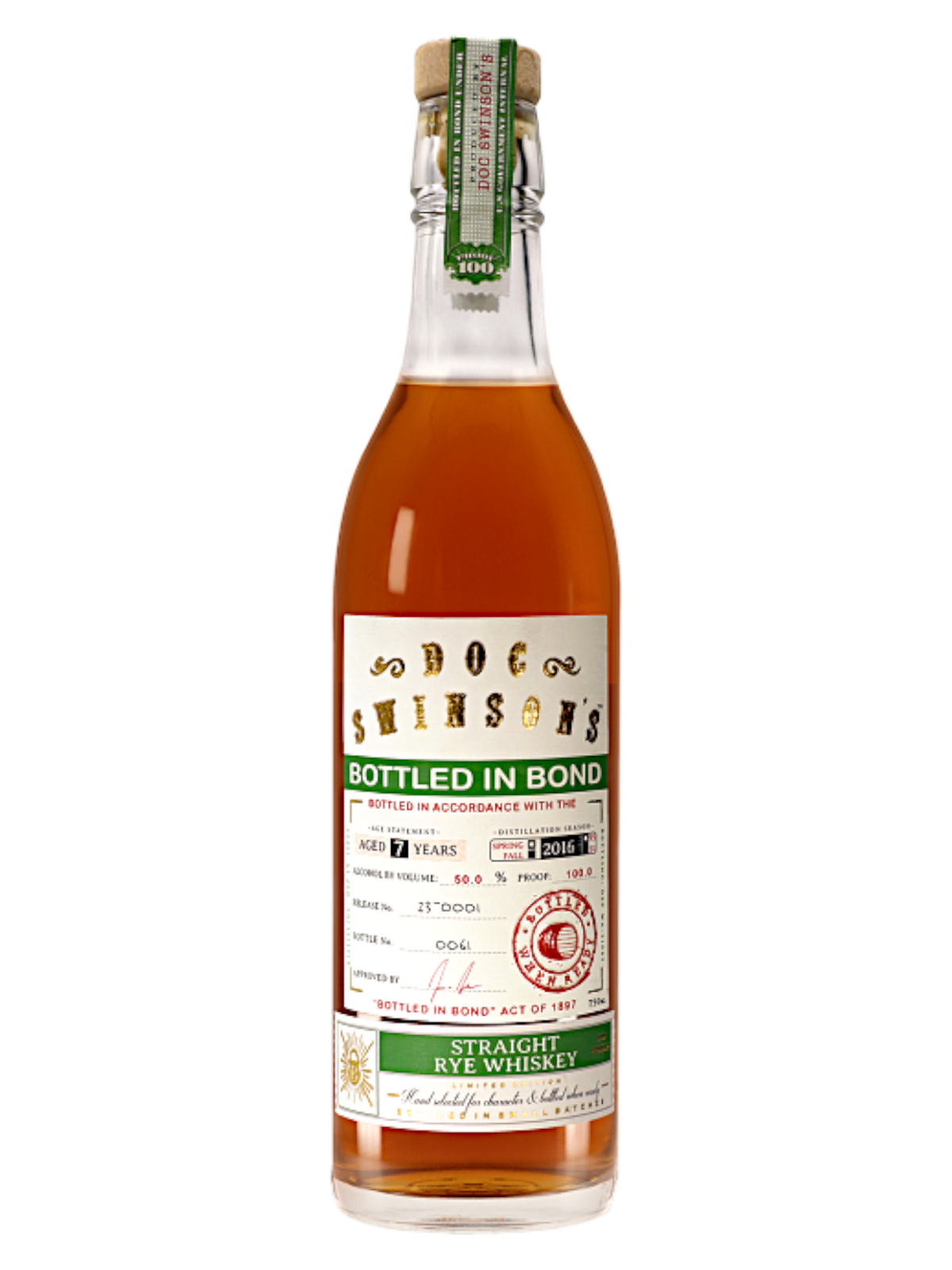 Doc Swinson's 7 Year Bottled-in-Bond Straight Rye 750mL