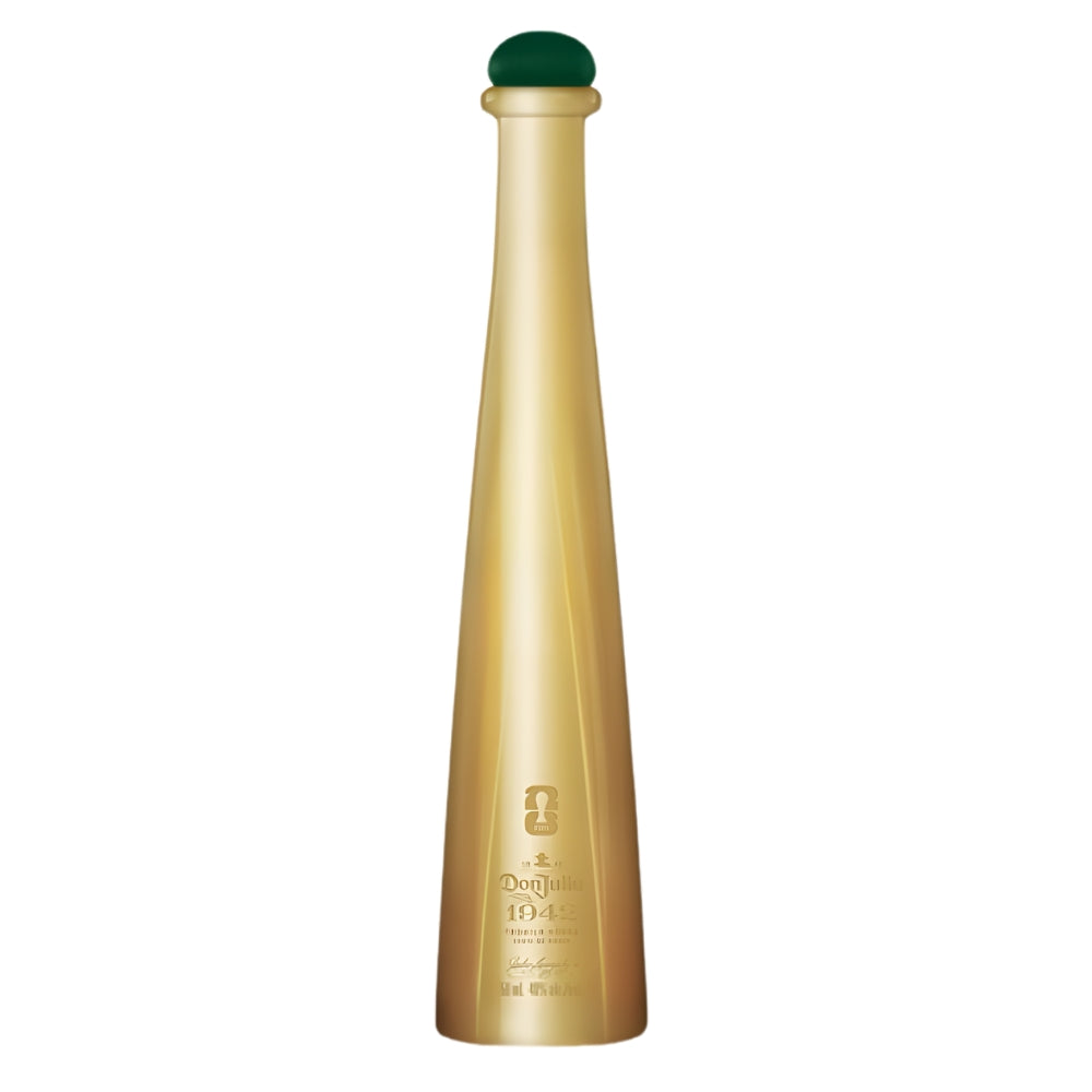 Don Julio 1942 Tequila bottle featuring a tall slender gold design with a dark green spherical stopper and embossed 1942 labeling