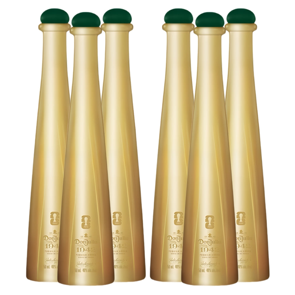 Digital rendering of six tall slender golden Don Julio 1942 Tequila bottles featuring dark green spherical stoppers and "Don Julio 1942" text on their fronts
