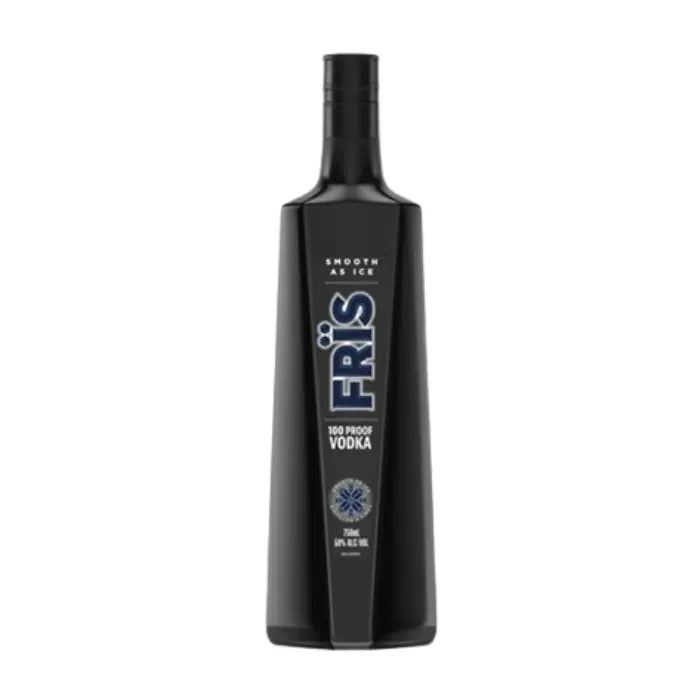 A sleek black Frïs Vodka bottle featuring a bold blue Frïs logo, "Smooth as Ice" text, and a blue snowflake design, isolated on a white background