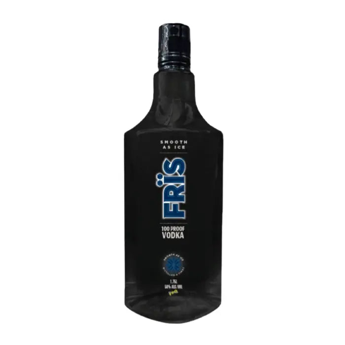 Product photograph of a black Frïs 100 Proof Vodka bottle with a bold blue FRÏS logo, 'SMOOTH AS ICE' text, and a blue snowflake emblem against a plain white background