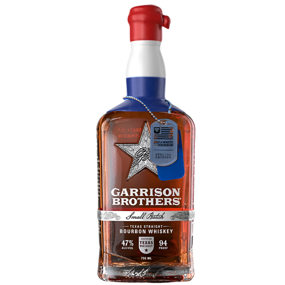 Product photograph of a Garrison Brothers Small Batch Texas Straight Bourbon Whiskey bottle featuring a patriotic red white and blue wax seal and neck wrap a large silver star label and a blue military dog tag charm for the Red + White + Bourbon Special Edition