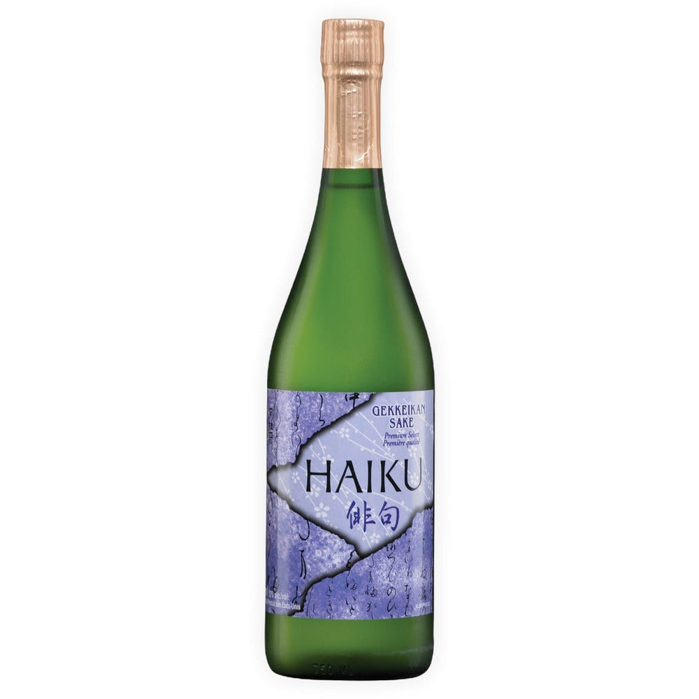 Photography of a green Gekkeikan Haiku Sake bottle featuring a gold foil cap and a blue and purple textured label with the name Haiku written in English and Japanese characters