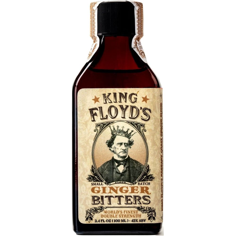Product photograph of King Floyd's Ginger Bitters in a dark glass bottle with a vintage-style label featuring a sepia-toned portrait of a crowned man and a decorative gold and tan seal on the black cap