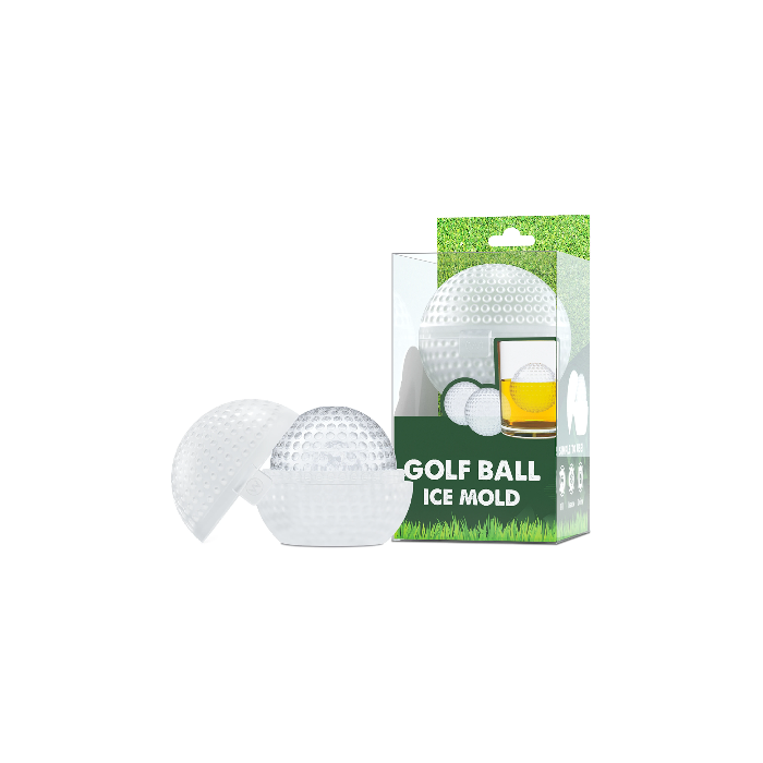 A studio shot of a white dimpled golf ball ice mold, one open to reveal its two halves, next to its green and white product packaging featuring a graphic of a golf ball ice cube in a yellow beverage