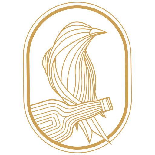 Digital graphic of a stylized golden bird with flowing lines soaring upward, contained within a grey and gold double-oval frame