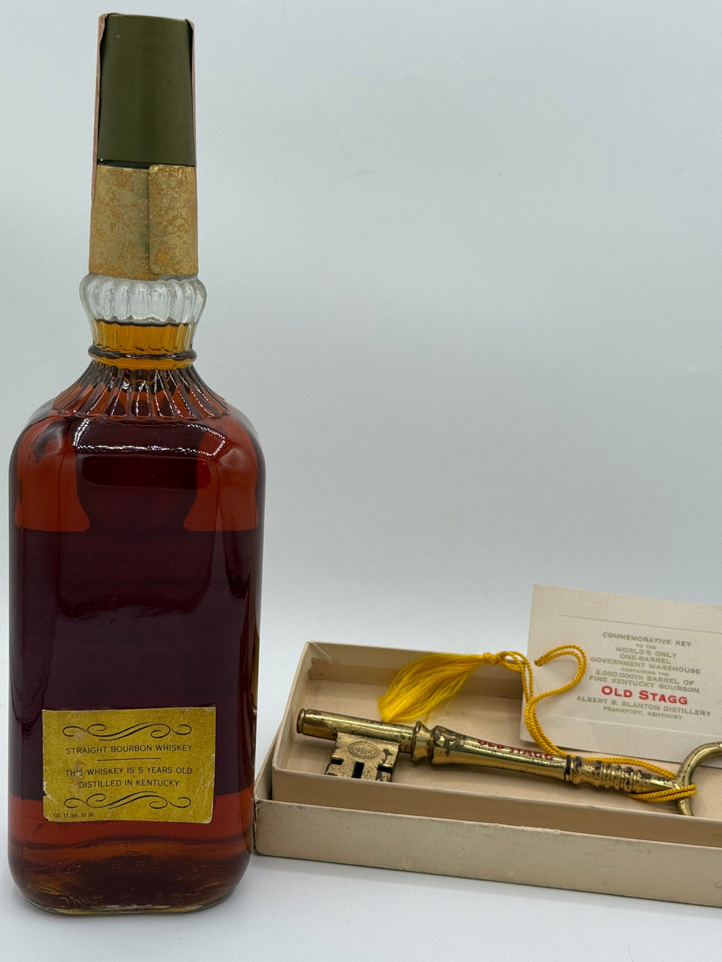 Old Stagg 5 Year Old Quart W/ 2,000,000 Stagg Barrel Commemorative Key (Key Engraved June 23, 1953)