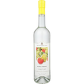 Product image by Distillerie Kammer-Kirsch of a clear Obstler schnapps bottle from the Black Forest Germany featuring a bright yellow cap and a label with a vibrant red apple and green pear