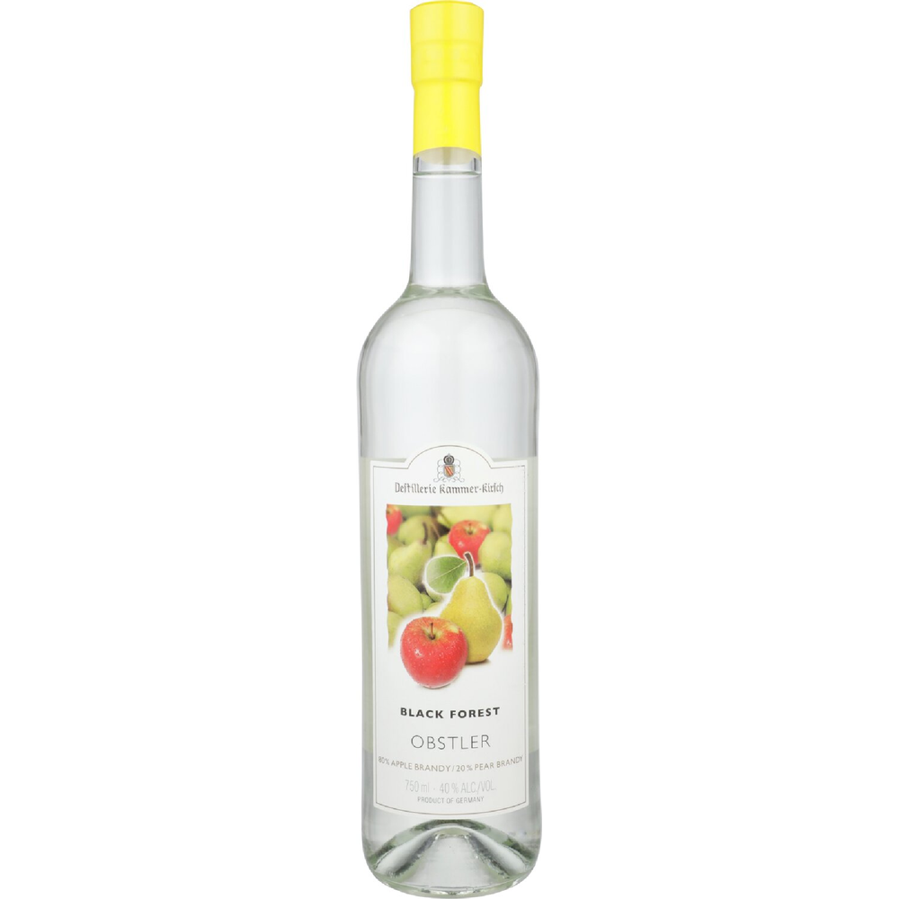 Product image by Distillerie Kammer-Kirsch of a clear Obstler schnapps bottle from the Black Forest Germany featuring a bright yellow cap and a label with a vibrant red apple and green pear