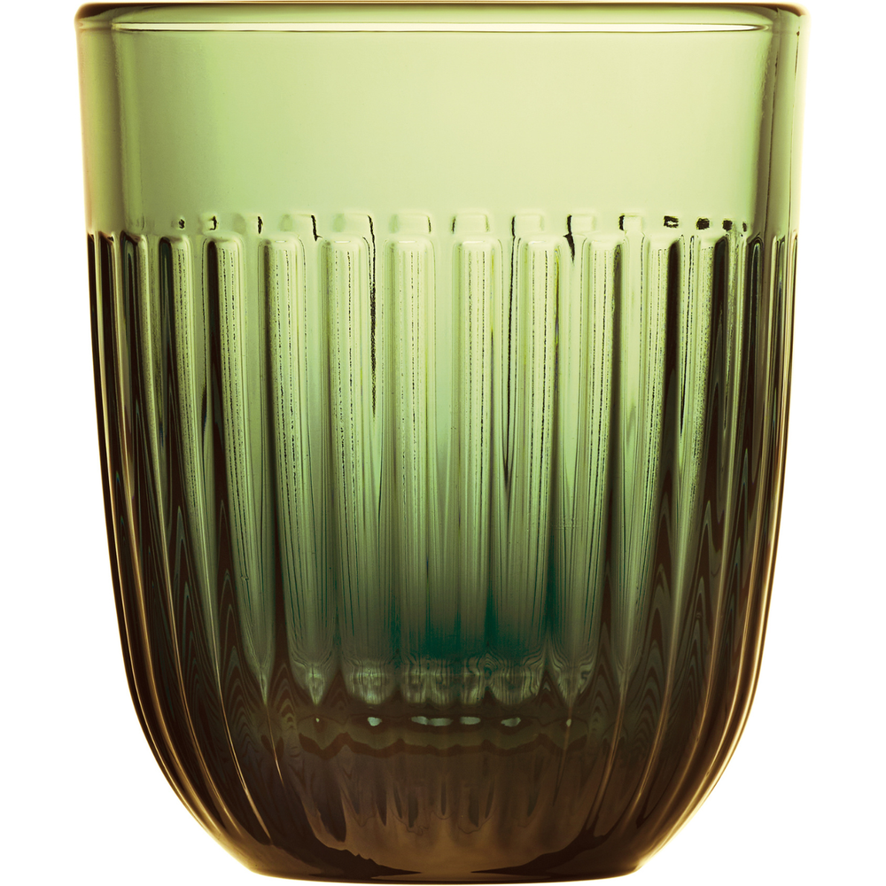 Green tinted glass with a gradient from light to dark, featuring a ribbed texture and smooth rim