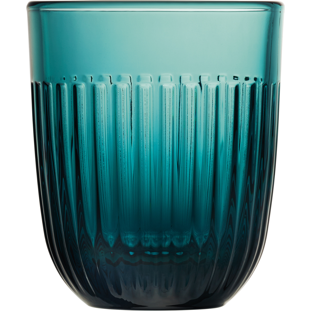 Teal glass tumbler with vertical fluted ridges transitioning to a darker shade at the bottom on a white background